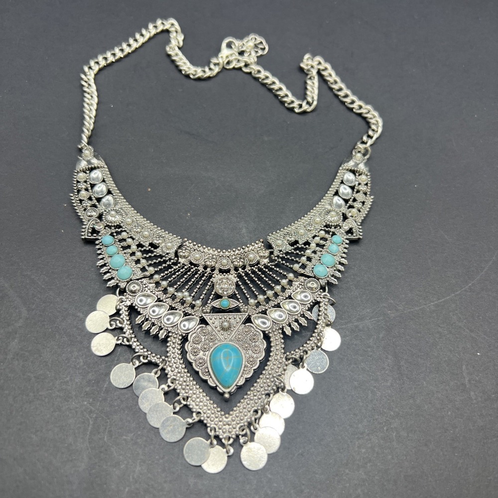 Vintage Boho Silver Tone‎ Faux Turquoise Stone Bib Statement Necklace 13" Hang